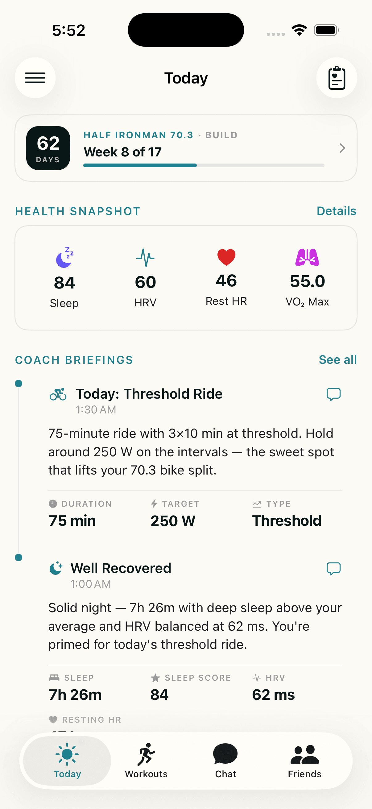 The Vaast Today screen with AI coach briefings
